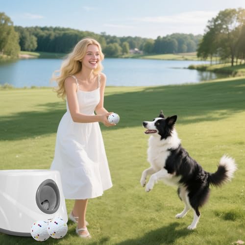 Automatic Ball Launcher for Dogs with 6 ETPU Balls, White, Adjustable Distance 20-45ft, USB Rechargeable, Interactive Dog Toy (Gary) - color: Grey-Standard
