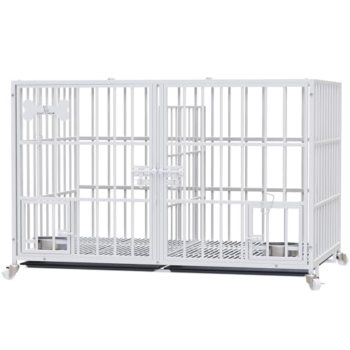 Dosker 42 inch Heavy Duty Metal Dog Crate Cage with Divider for 2 Dogs/Large Dog,All Metal Open Top Escape Proof Cage,Kennel Indoor with Wheels,2 Tray,Feeding Bowl(White) - color: White, size: 42"inch