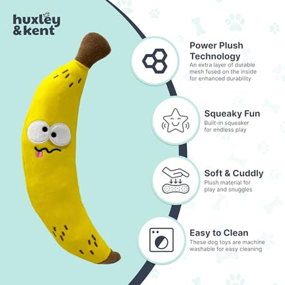 Huxley & Kent Funny Dog Toy w/Squeaker – Power Plush Squeaky Dog Toys for Small, Medium & Large Dogs – Soft Stuffed Animal for Indoor Play & Fetch - Fetchies® Bruiser Banana, Small - size: Small, style: Brusier Banana