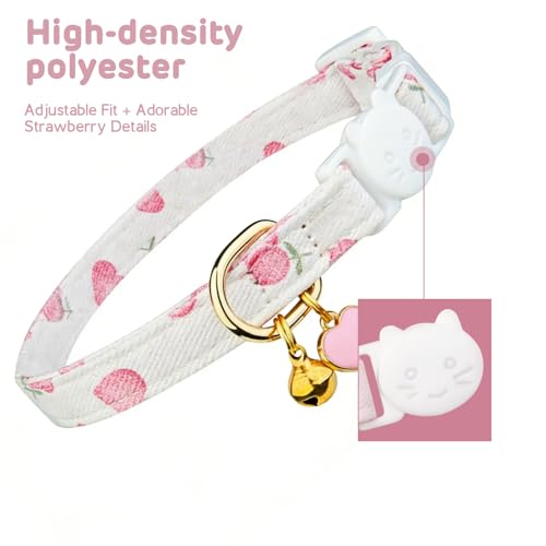 Cotton Breakaway Cat Collar, Adjustable Kitten Safety Collar with Strawberry Pendant, Lightweight Pet Collar for Cats (Pink) - size: Medium