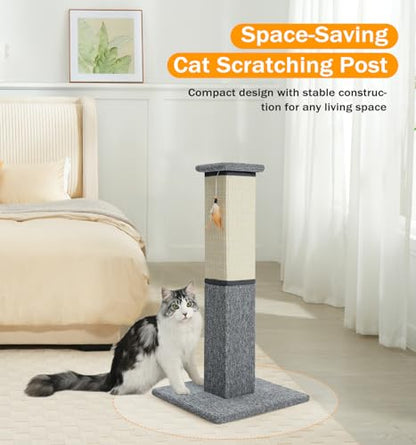 Made4Pets Cat Scratching Post, 32 Inch Natural Sisal & Carpet Covered Cat Scratcher with Kitten Toy, Dual-Material Tall Scratching Post for Indoor Cats Adults and Kittens, Beige - color: Grey-Sisal & Carpet