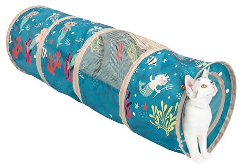 Kitty City Ocean-Themed Cat Play Furniture Set, Collapsible Pop-Up Cat Toys Combo with Cube, Tunnel & House, Indoor Cat Playground for Play, Hiding & Lounging - color: D) Ocean Cat Play Combo