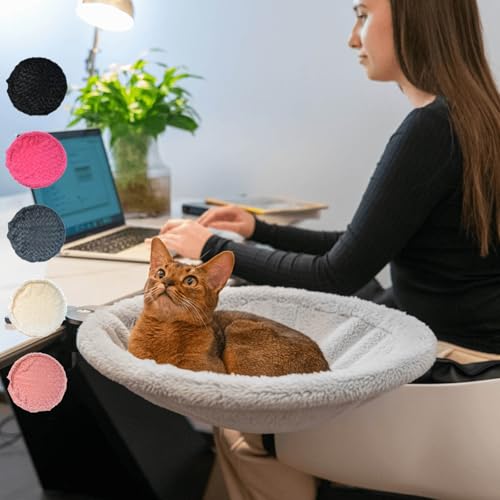 Round Cat Desk Bed, Space-Saving Elevated Pet Hammock for 40lbs Cats & Kittens, All-Season Office Workspace Cat Bed, Sturdy Desk-Mounted Seat with Washable Breathable Fabric, 360 View - color: Flannel-Gray