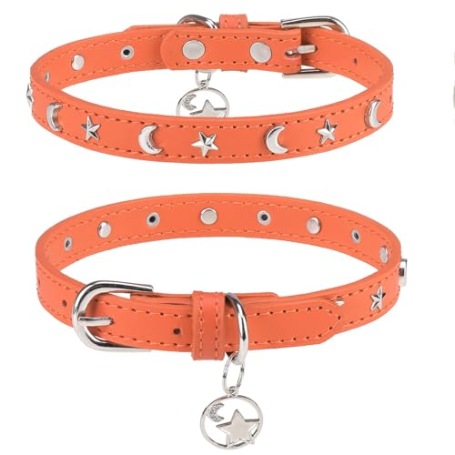 Leather Dog Collar for Puppy Small Medium Dogs, Adjustable Star Moon Rivet Studded Pet Collars with Rust-Proof Metal Buckle and Charms, XS S Dog Collars for Boy and Girls, Size 8-11" Orange - color: Orange, size: X-Small (8"-11", Pack of 1)