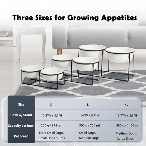 Ceramic Elevated Dog Bowl Set - Double Dog Food and Water Bowls with Metal Stand - Raised Pet Dishes for Puppies and Cats - 2 Cups - 12.5 fl oz - Matte White - color: Matte White, size: S-200ml