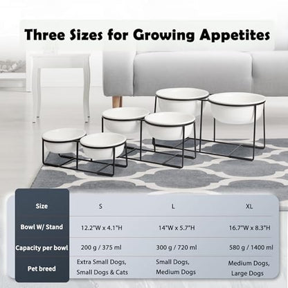 Ceramic Elevated Dog Bowl Set - Double Dog Food and Water Bowls with Metal Stand - Raised Pet Dishes for Puppies and Cats - 2 Cups - 12.5 fl oz - Matte White - color: Matte White, size: S-200ml