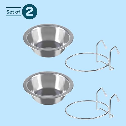 Set of 2 Stainless-Steel Dog Bowls - Cage, Kennel, and Crate Hanging Pet Bowls for Food and Water - 8oz Each and Dishwasher Safe by PETMAKER, Silver - size: 8oz