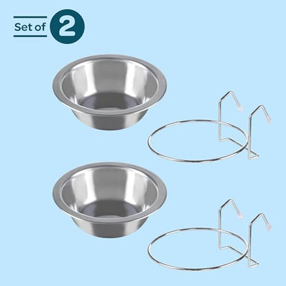 Set of 2 Stainless-Steel Dog Bowls - Cage, Kennel, and Crate Hanging Pet Bowls for Food and Water - 8oz Each and Dishwasher Safe by PETMAKER, Silver - size: 8oz