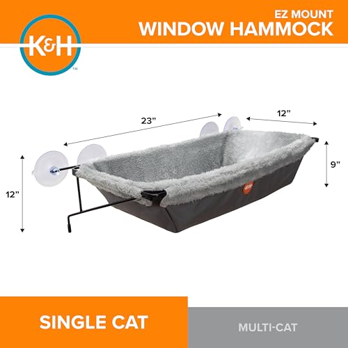 K&H Cat Window Perch EZ Mount Window Hammock - Sturdy Kitty Sill Seat, Strong Suction Cups, Metal Frame, Space-Saving Cord-Free Design, Cozy Sunbathing Bed for Large Indoor Cats, Holds 50 lbs