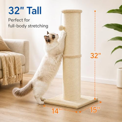 Sisal Cat Scratching Post for Indoor Cats & Kittens, 5.5" Diameter Heavy Duty Vertical Scratcher, 32 Inch Extra Tall Furniture Protector with Stable Base, Beige - color: Cylinder Beige