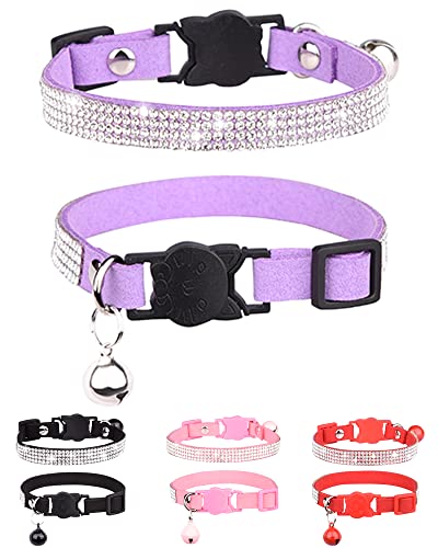 Solmoony Breakaway Cat Collars with Bell,Adjustable Safe Kitten Collar,Cat Collars for Girl Cats with Rhinestone Soft Velvet (Purple) - color: Purple