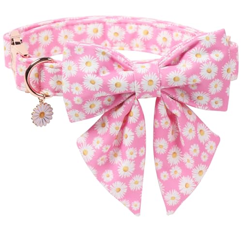 DOGWONG Spring Dog Collar with Sailor Bow, Soft Comfortable Adjustable Cute Pink Daisy Collar Flower Dog Collars for Small Dogs, S - color: C-Daisy sailor bow, size: S