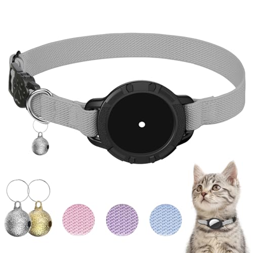 AirTag Cat Collars, Stretchy Collar with Apple AirTag Holder and Bell, Breakaway Ultra Design Elastic GPS Tracking Collars for Cats and Puppies, (7.5-12.5 Inch), Gray - color: Gray