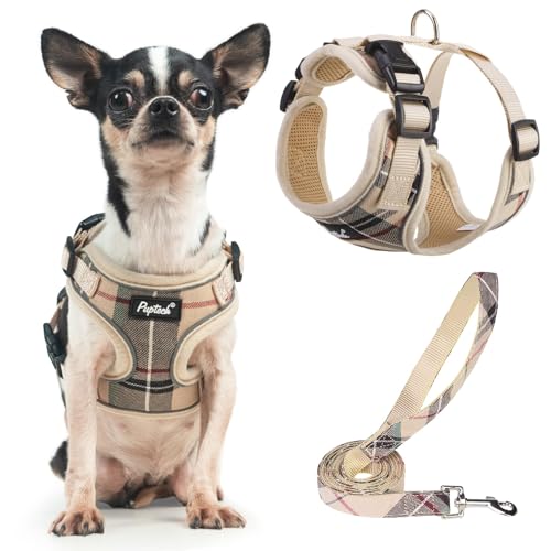 PUPTECK Soft Mesh Dog Harness and Leash Set Pet Puppy Cat Adjustable Reflective Padded Vest No Pull Harnesses, Beige, XS - color: Beige, size: XS (NECK: 11-13", CHEST: 11-15")