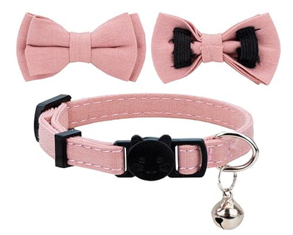 Cat Collar Breakaway Bowtie Safety with Bell Adjustbale Kitten Puppy Solid Plaid Color Set D-[2pcs] Pink-2 - color: D-[2pcs] Pink-2