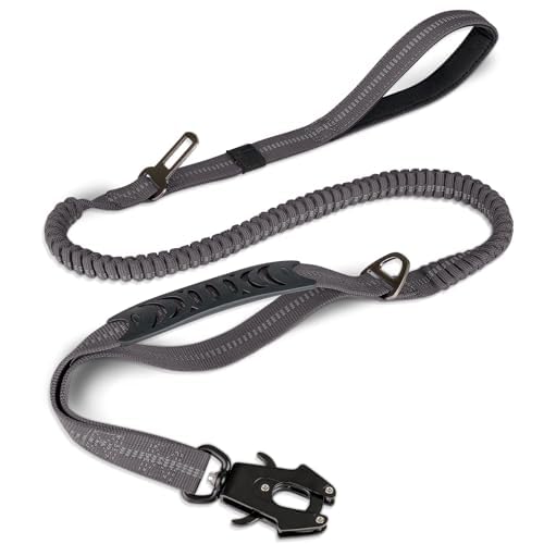 Joytale Tactical Dog Leash Heavy Duty, 4-6FT Shock Absorbing Bungee Lead with 2 Padded Handle, Metal Carabiner Clip, Car Seatbelt, Strong No Pull Leash for Medium Large X-Large Dogs, Gray - color: Gray