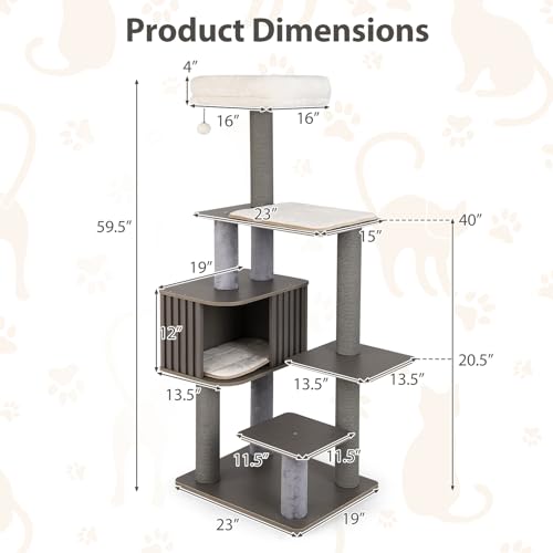 PETSITE 59.5 Inches Modern Cat Tree, Multi-Level Cat Tower with Scratching Posts, Large Condo with Removable Pad, Cushioned Soft Top Perch, and Interactive Dangling Ball (Grey) - color: Grey