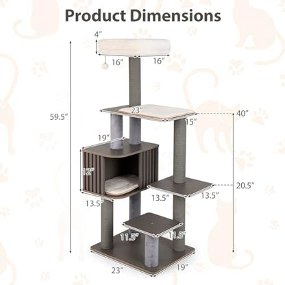 PETSITE 59.5 Inches Modern Cat Tree, Multi-Level Cat Tower with Scratching Posts, Large Condo with Removable Pad, Cushioned Soft Top Perch, and Interactive Dangling Ball (Grey) - color: Grey