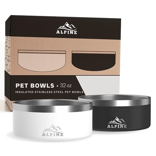 Alpine Set of 2 Stainless Steel Dog Bowls, Non Slip, Metal Pet Bowl for Food and Water, Double Walled Insulated, Rustproof, Dishwasher Safe- 32 Ounces - Black/White (AB) - color: Black/White, size: 32 oz