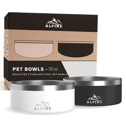 Alpine Set of 2 Stainless Steel Dog Bowls, Non Slip, Metal Pet Bowl for Food and Water, Double Walled Insulated, Rustproof, Dishwasher Safe- 32 Ounces - Black/White (AB) - color: Black/White, size: 32 oz