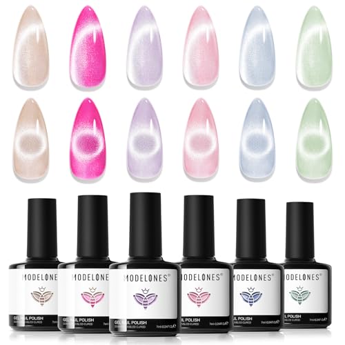 Modelones Cat Eye Gel Nail Polish, 6 Colors Glitter Summer Pink Blue Green Blue Gel Polish Set with Magnet Sparkle Translucent Nail Polish Kit Soak Off Led Nail Art Manicure Salon DIY Gifts - color: A-0 Ice Rainbow