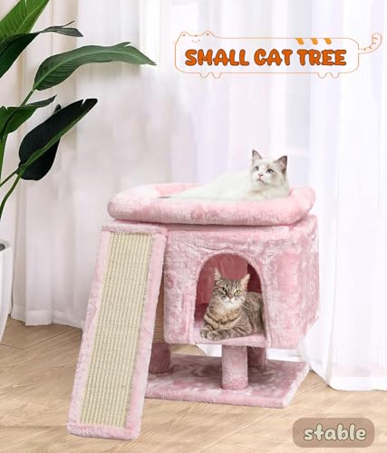 SYANDLVY Small Pink Cat Tree with Perch for Indoor Cats, Cat Tower with Scratching Post, Modern Activity House for Large Cats, Condo with Board, Kittens Cave - color: Pink