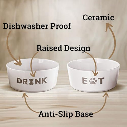 Ceramic Dog Bowl Set of 2 with Anti-Skid Base - 6.5" Wide x 2.5" Tall Ceramic Dog Bowls Medium Sized Dogs - 3.8 Cup Capacity Food and Water Bowls for Dogs - Rubber Bottom Pet Bowl Set of 2 Medium Size - color: Gray, size: Medium