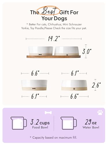 LE TAUCI PET Ceramic Dog Bowls for Medium and Small Dogs - 3.2 Cup Weighted Non-Slip Food and Water Bowls with Acacia Wood Tray, Pet Bowl Set of 2 - size: M-3.2 Cups