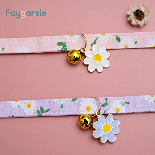 2 Pack Cotton Breakaway Cat Collars with Bell Flower Pendant Kitty Kitten Collars Pink Purple Collar for Female Girl Cats Male Boy Cats - color: Pink&Purple