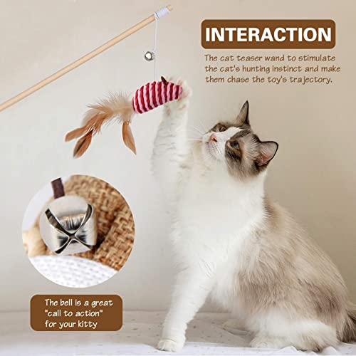 3-Pack Cat Wand Toys, 16-Inch Natural Wooden Teaser Wand with 5 Silvervine Sticks, Interactive Feather Wand for Indoor Cats - color: RedOrangeBrown-3pcs