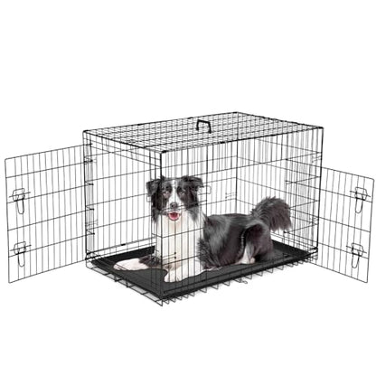 Sweetcrispy Dog Crate, 42 Inch Double Door Folding Metal Wire Dog Cage with Plastic Leak-Proof Pan Tray, Large XL Pet Kennel for Indoor, Outdoor, Travel - size: 42.1"L x 26.8"W x 28.7"H, style: Double Door