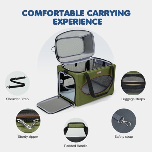 Top-Expandable Pet Carrier 18x11x11Inch Delta American United Airline Approved Underseat to 15lbs Stable Car Travel Carriers for Small Dogs Cats with Locking Safety Zippers Anti-Scratch Mesh - color: Dark Green, size: 18"x11"x11"