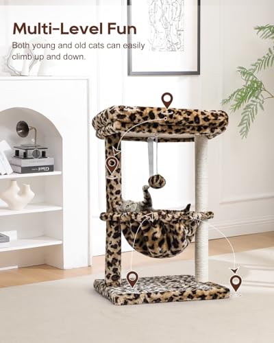 SYANDLVY Small Cat Tree for Indoor Cats, Unique Cheetah Leopard Print Cat Tree Tower for Kitties, Condo Furniture with Hammock & Sisal Scratching Posts - color: Leopard Print