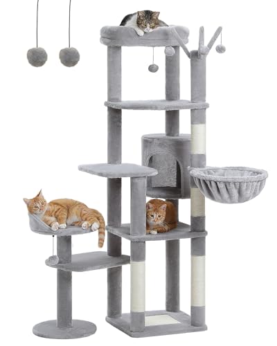 MUTTROS 59" Cat Tree, Tall Cat Tower for Large Cat, Multi-Level Tower with 3 Removable Pompom Sticks, Cat Tree for Indoor Cats, Condo with Large Hammock, Scratching Post, and 2 Perches, Grey - color: Gray, size: 59"