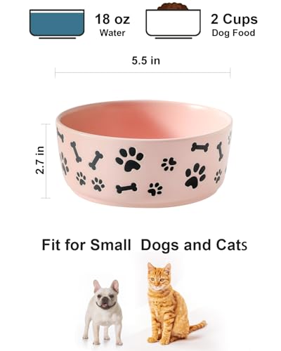 UBEE Ceramic Dog Bowl Set of 2, 5.5 inch Dog Food Bowl Dish with Bone Paw Pattern, Pet Food Water Dish Feeding Plates for Small Dogs, Puppy and Cat, Pink - color: Pink-dog paw, size: 5.5 inch x 2
