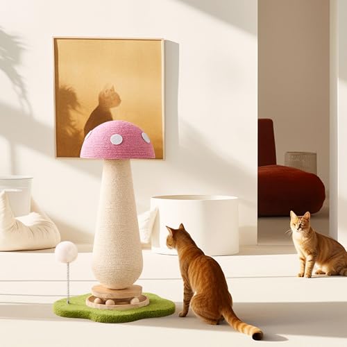 Mushroom Cat Scratching Post Cat Tree, 21.5‘’ H Cute Cat Scratcher Tower with Durable Solid Wood Turntable Toy, Baby Pink Mushroom Scratch Post Cat Sisal Scratcher with Catnip for Indoor Adult Cats - color: Pink Mushroom