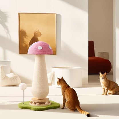Mushroom Cat Scratching Post Cat Tree, 21.5‘’ H Cute Cat Scratcher Tower with Durable Solid Wood Turntable Toy, Baby Pink Mushroom Scratch Post Cat Sisal Scratcher with Catnip for Indoor Adult Cats - color: Pink Mushroom