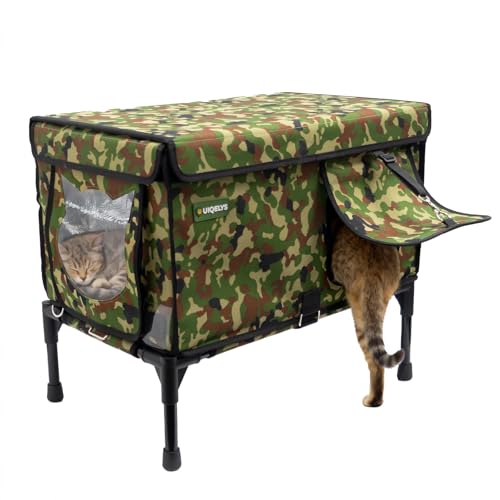 Cat House, Medium Size for Feral Cats - Elevated Weatherproof Cat Shelter & Camouflage Cover - Portable Indoor/Outdoor 3-in-1 Kitty Condo & Cot for Garden, Porch, Barn - Gift for Small Pets - color: Camouflage-Medium, size: No Heating Pad