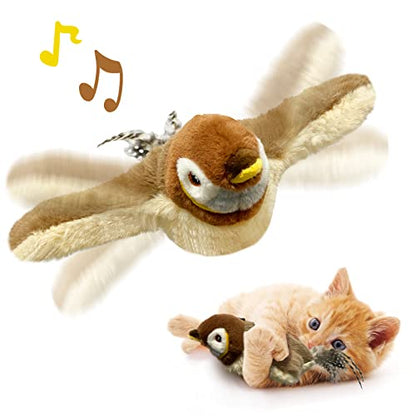 Cat Toys, Flapping Wings Sparrow, No Flying, Chirping Bird Interactive Catnip Toy for Kitten or Small Dogs, Touch Activated, Rechargeable - color: Sparrow
