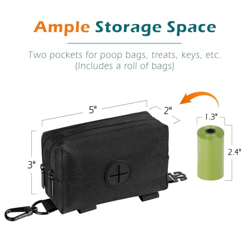 Dog Poop Bag Holder, Portable Pet Waste Bag Dispenser, 2 Pouches for Treats and Walking Accessories, Fit All Leashes, Includes 1 Roll of Dog Poop Bags (Black) - color: Black