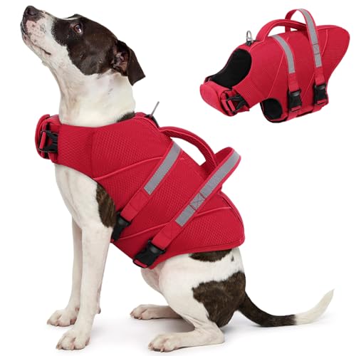 Queenmore Small Dog Life Jacket for Swimming, Boating & Beach, High-Visible Ripstop Lightweight Pet Life Vest with Rescue Handle & Leash Hook for Puppies 8-15 lbs, Red - color: Hi-Vis Red, size: Small