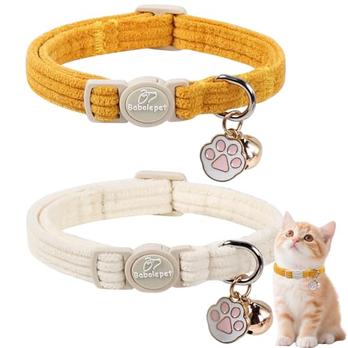 2 Pack Corduroy Cat Collars - Cute Breakaway Cat Collar with Bell and Paw Pendant, Soft Adjustable Fall Winter Kitten Collars for Girl Boy Cats, Yellow&White - color: Yellow&White