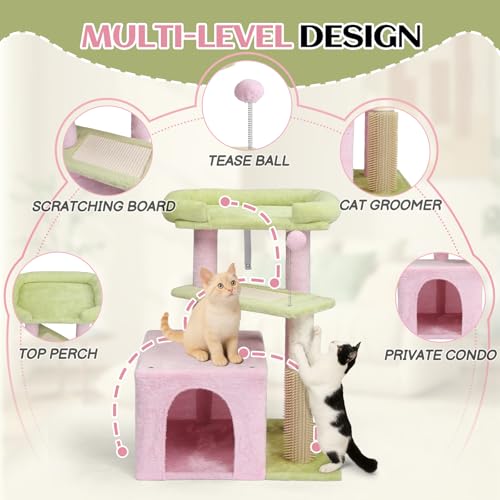 Outvita Cat Tree 27.5in Small Cat Tower, Multi-Level Cat Tree Tower with Cat Scratching Post and Pad, Cozy Cat Condo, Padded Top Bed for Kittens and Indoor Cats, Pink & Green - size: 27.5" Pink & Green