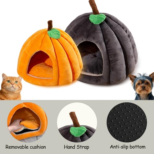 Cat Bed for Indoor Cats - Adorable Cozy Pumpkin Cat Cave with Removable Cushion, Super Soft Pet House Tent for Kittens & Small Pets, Warm & Washable Non-Slip Design(M 17.7 inch Grey) - style: Pumpkin-Grey