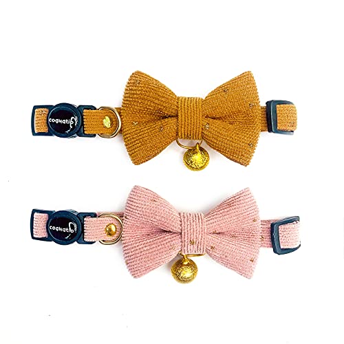 Safety Quick Release Cat Collars, Soft Kitten Collars with Detachable Bow Tie and Bell, Pack of 2, Adjustable 20-30 cm - color: Ochre+Pink
