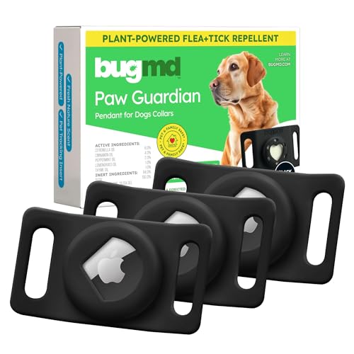 BugMD Paw Guardian Flea & Tick Pendant (3-Pack) with AirTag Holder – Plant-Based Flea & Tick Prevention for Dogs – Pet Collar Tag & GPS Tracker Holder for Dogs – Black - color: Black, size: 3 Pack