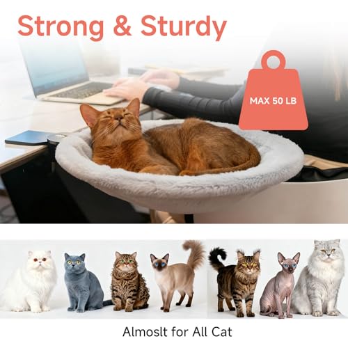 Round Cat Desk Bed, Space-Saving Elevated Pet Hammock for 40lbs Cats & Kittens, All-Season Office Workspace Cat Bed, Sturdy Desk-Mounted Seat with Washable Breathable Fabric, 360 View - color: Flannel-Gray