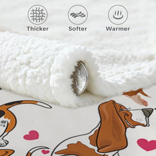 BlessLiving Basset Hound Blanket 60x80 Inches with Red Hearts, 3D Animal Print Plush & Sherpa Dual Sided Throw - Ultra Warm Soft Fleece Blanket for Adults, Kids, Pet Lovers, Cute Dog Gift - color: Basset Hound, size: Twin, 60 x 80 Inches