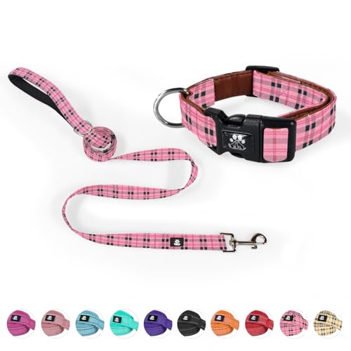 Dog Collar and Leash Set,Soft Neoprene Pet Collar with Quick Release Buckle,Adjustable Nylon Dog Collars for Small Medium Large Dogs(Small,Cherecked Pink) - color: Checkered Pink, size: Small