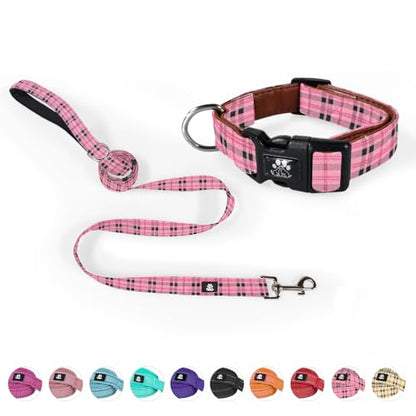 Dog Collar and Leash Set,Soft Neoprene Pet Collar with Quick Release Buckle,Adjustable Nylon Dog Collars for Small Medium Large Dogs(Medium,Cherecked Pink) - color: Checkered Pink, size: Medium